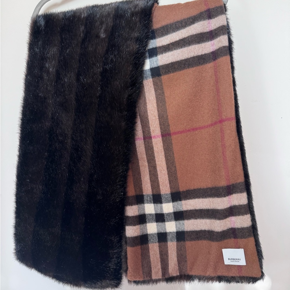 Burberry Reversible Check Cashmere And Faux Fur Scarf